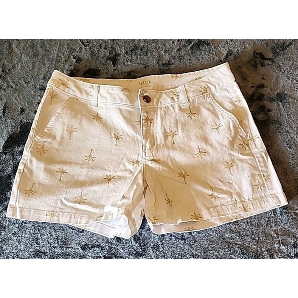 ana Twill White W Gold Tropical Trees Shorts Size 8